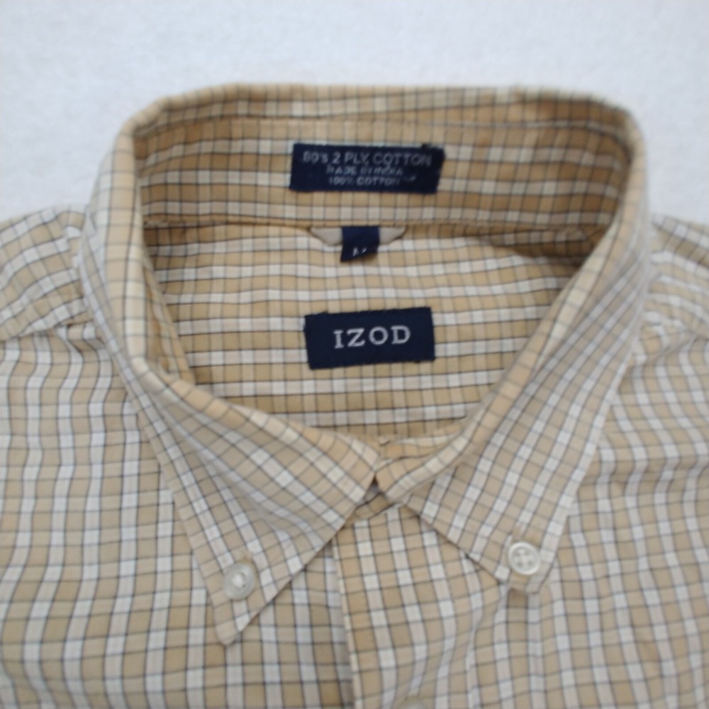 Vintage IZOD Mens‎ Meduim  Button Down Shirt Dress Casual Tan& White LongSlve
